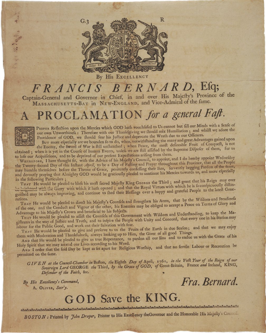 Massachusetts Körfezi Valisi Francis Bernard adına bildiri: Fransız ve Hint Savaşı sırasında bir gün oruç tutulacağını ilan etmek, 8 Nisan 1761 by American School