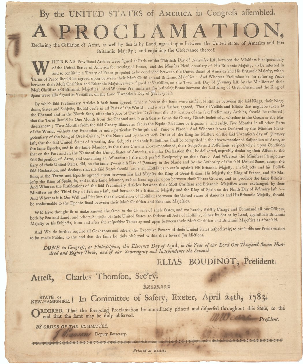Silahların bırakıldığını ve savaşın sona erdiğini ilan eden Kongre Bildirisi, 24 Nisan 1783 by American School