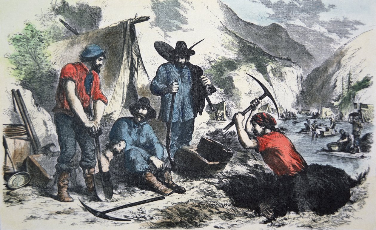 1849 Kaliforniya Altına Hücum sırasında maden arayıcıları (renkli taş) by American School
