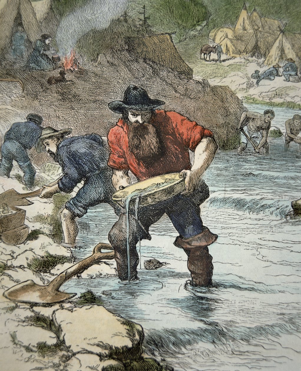 1849 Kaliforniya Altına Hücum sırasında altın arayan madenciler (renkli gravür) by American School
