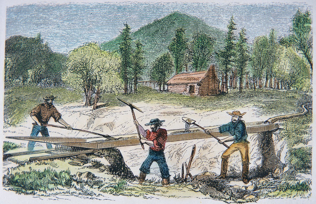 1849 California Gold Rush sırasında bir savak kullanan maden arayıcıları (renkli lito) by American School