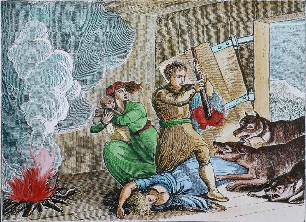 Aç kurtlar bir öncü kabinini istila ediyor (renkli gravür) by American School