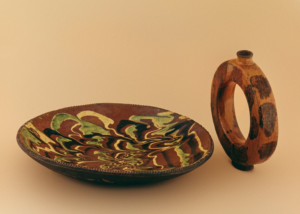 Mermer sırlı ve su taşıyıcılı (seramik) redware oval tabak by American School