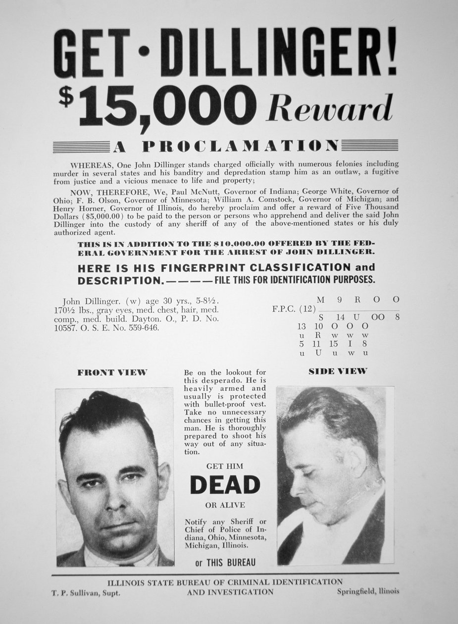 John Dillinger için ödül afişi by American School