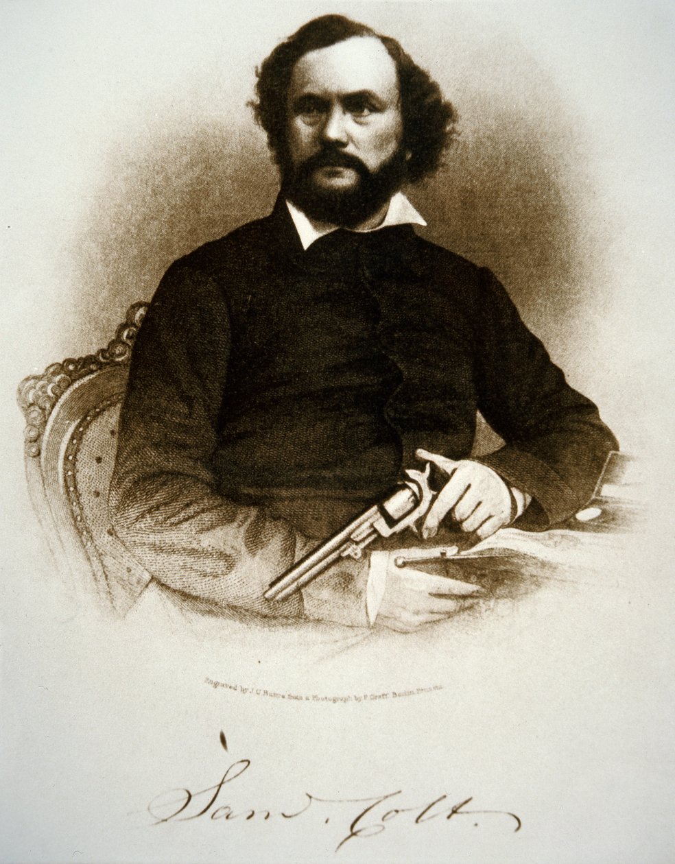 Samuel Colt vurmalı tabancalarından birini tutuyor (gravür) by American School