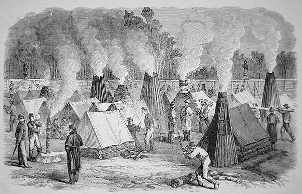 Kamp hayatındaki sahne - baca mimarisi - Federal askerler kamp ateşlerinde (gravür) by American School