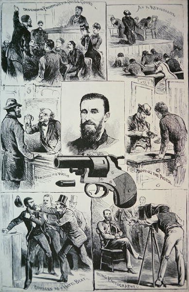 Suikastçı Charles Jules Guiteau'nun (1841-82) hayatından ve Başkan James A. Garfield'ı (1831-81) öldürmek için kullandığı silahtan sahneler 1881 (lito) by American School