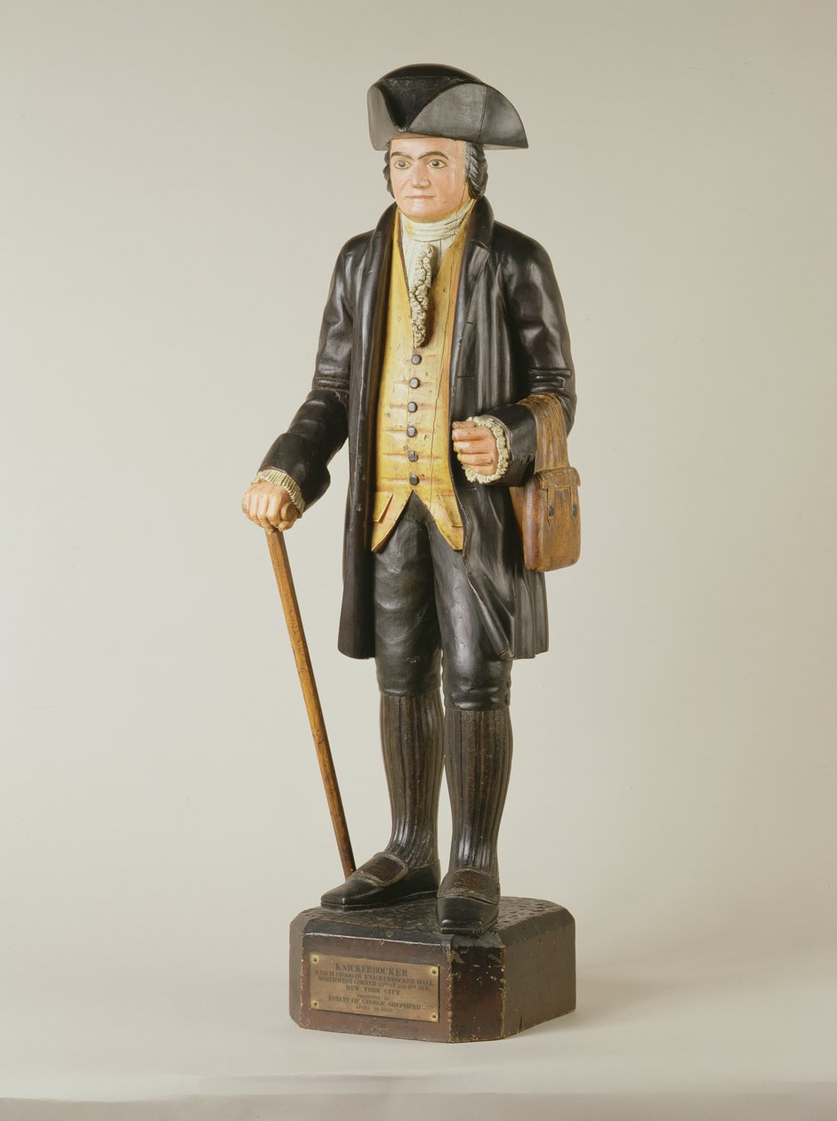 New York City'deki Knickerbocker Hall'da duran Diedrich Knickerbocker'ın heykeli, c.1850-67 (boyalı ahşap) by American School