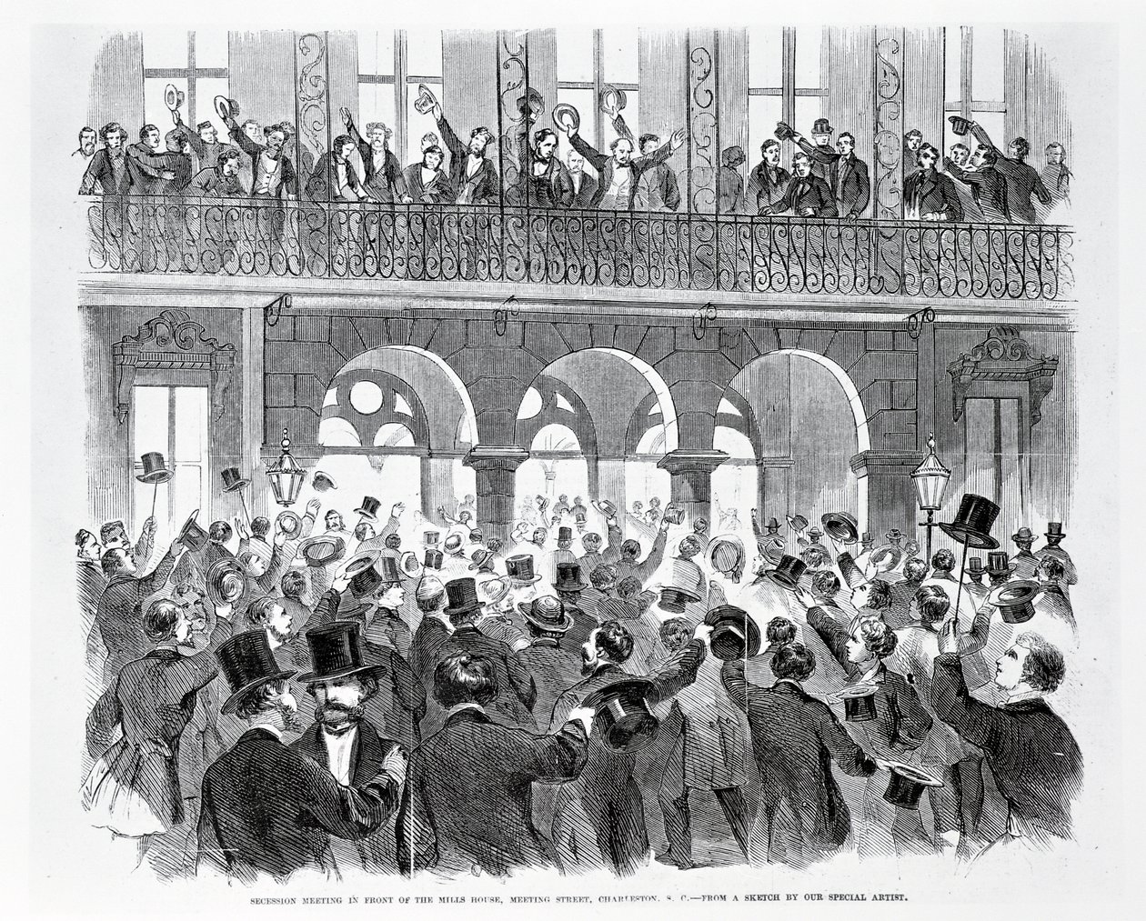 Mills House Önünde Secession Toplantısı, Meeting Street, Charleston, Güney Carolina, 1860 dolayları (gravür) (s/b fotoğraf) by American School