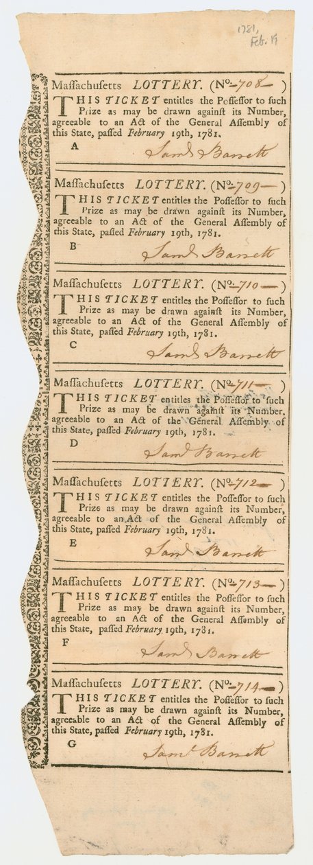 Piyango Biletleri Sayfası, Massachusetts Piyango, 1781 by American School