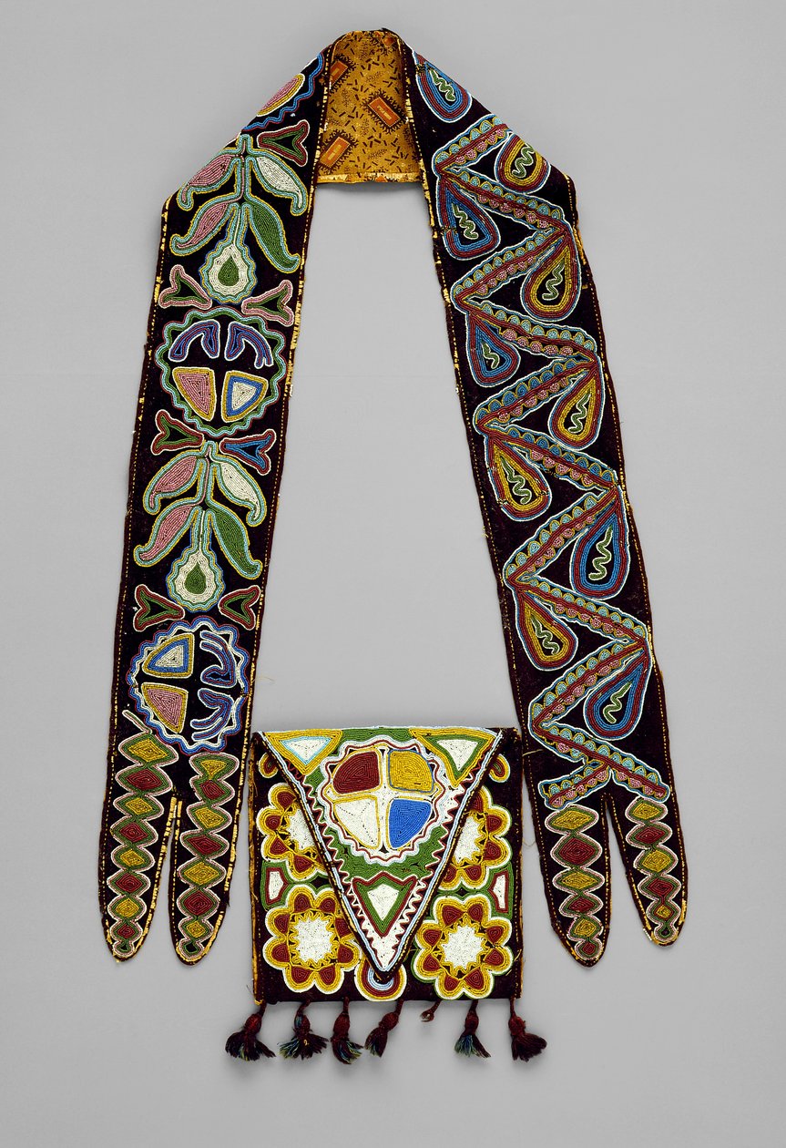 Omuz Çantası, c.1820 (yün, ipek, iplik, cam boncuklar ve pamuklu kumaş) by American School