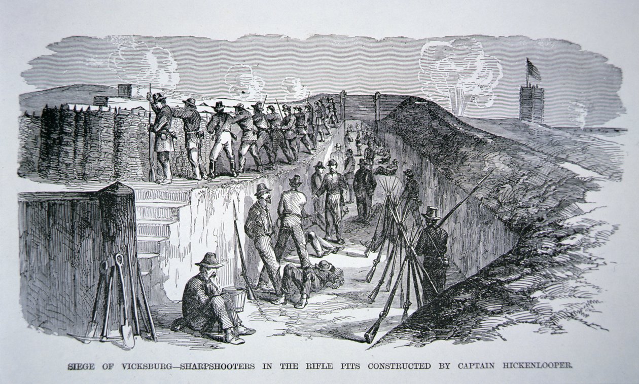 Vicksburg Kuşatması - General Hickenlooper tarafından inşa edilen tüfek çukurlarındaki keskin nişancılar (gravür) by American School