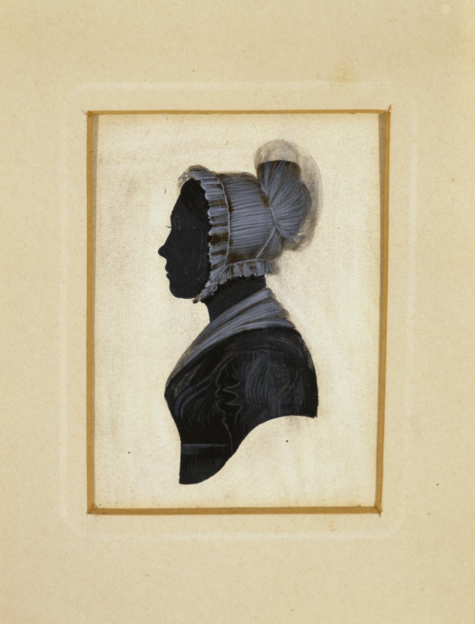 Bir Hanımefendinin Silüeti, c. 1830-1840 (dokuma kağıt üzerinde kahverengi ve beyaz tebeşir tasvirli siyah mürekkep) by American School