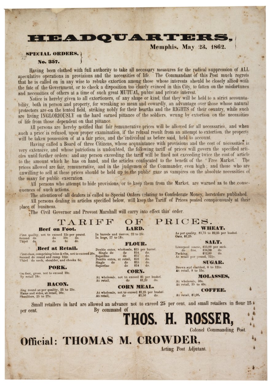 Özel Sipariş No. 357 spekülasyonu önlemek için gıda fiyatlarının yayınlanması, 23 Mayıs 1862 by American School