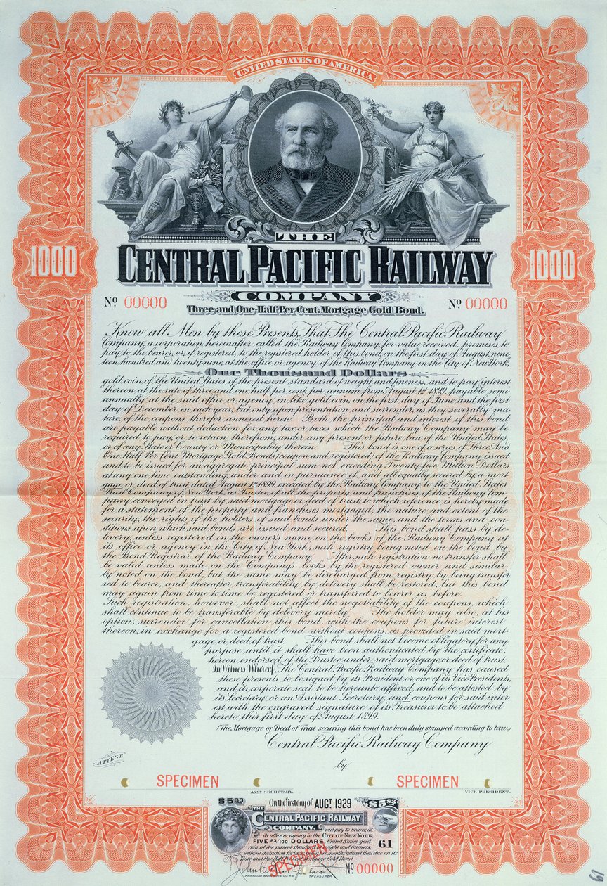 Central Pacific Railway Company Company için 1000 dolarlık örnek tahvil sertifikası, 1899 by American School
