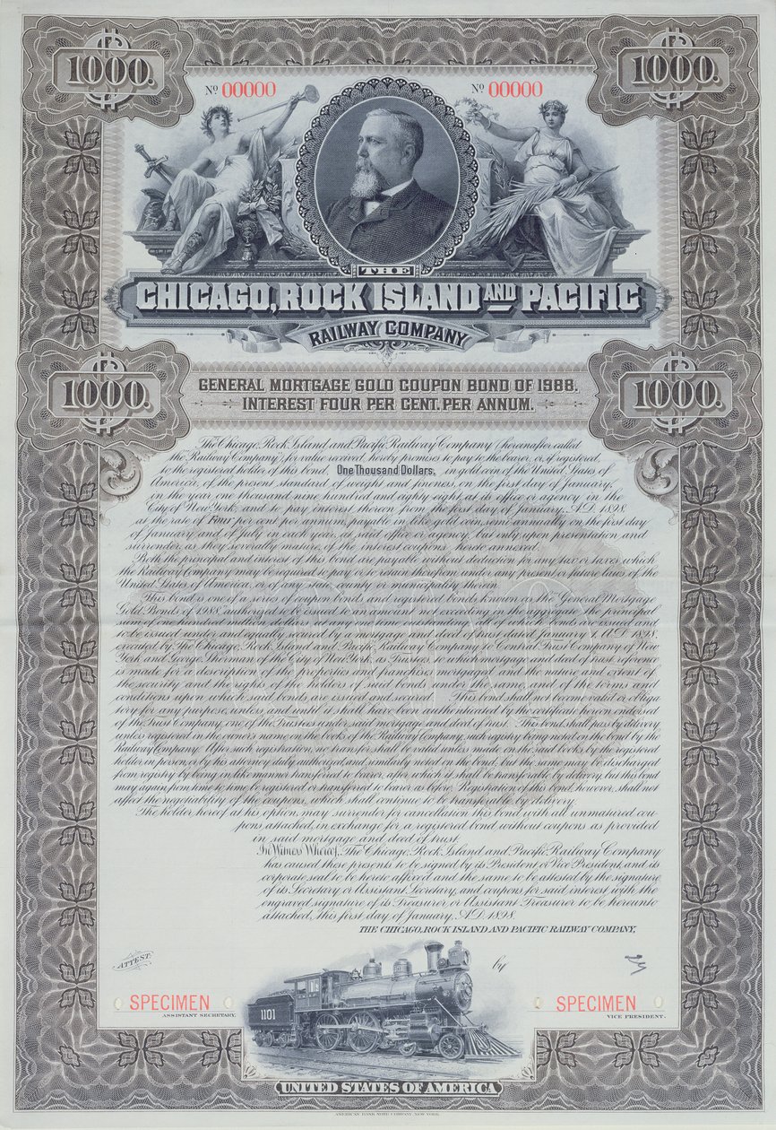 Chicago, Rock Island ve Pacific Railway Company için 1000 dolarlık örnek tahvil sertifikası, 1898 by American School