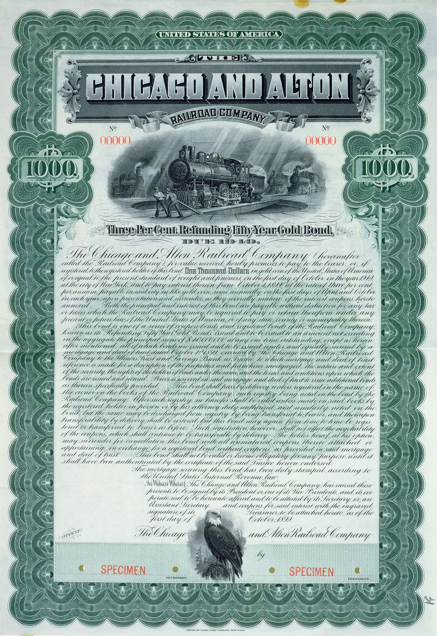 Şikago ve Alton Demiryolu Şirketi için 1000 dolarlık örnek tahvil sertifikası, 1899 by American School