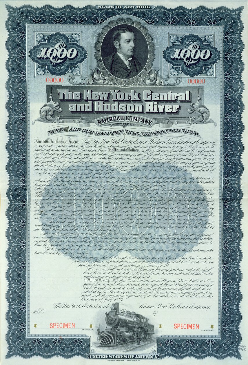 New York Central ve Hudson River Railroad Company için 1000 dolarlık örnek tahvil sertifikası, c.1900 by American School