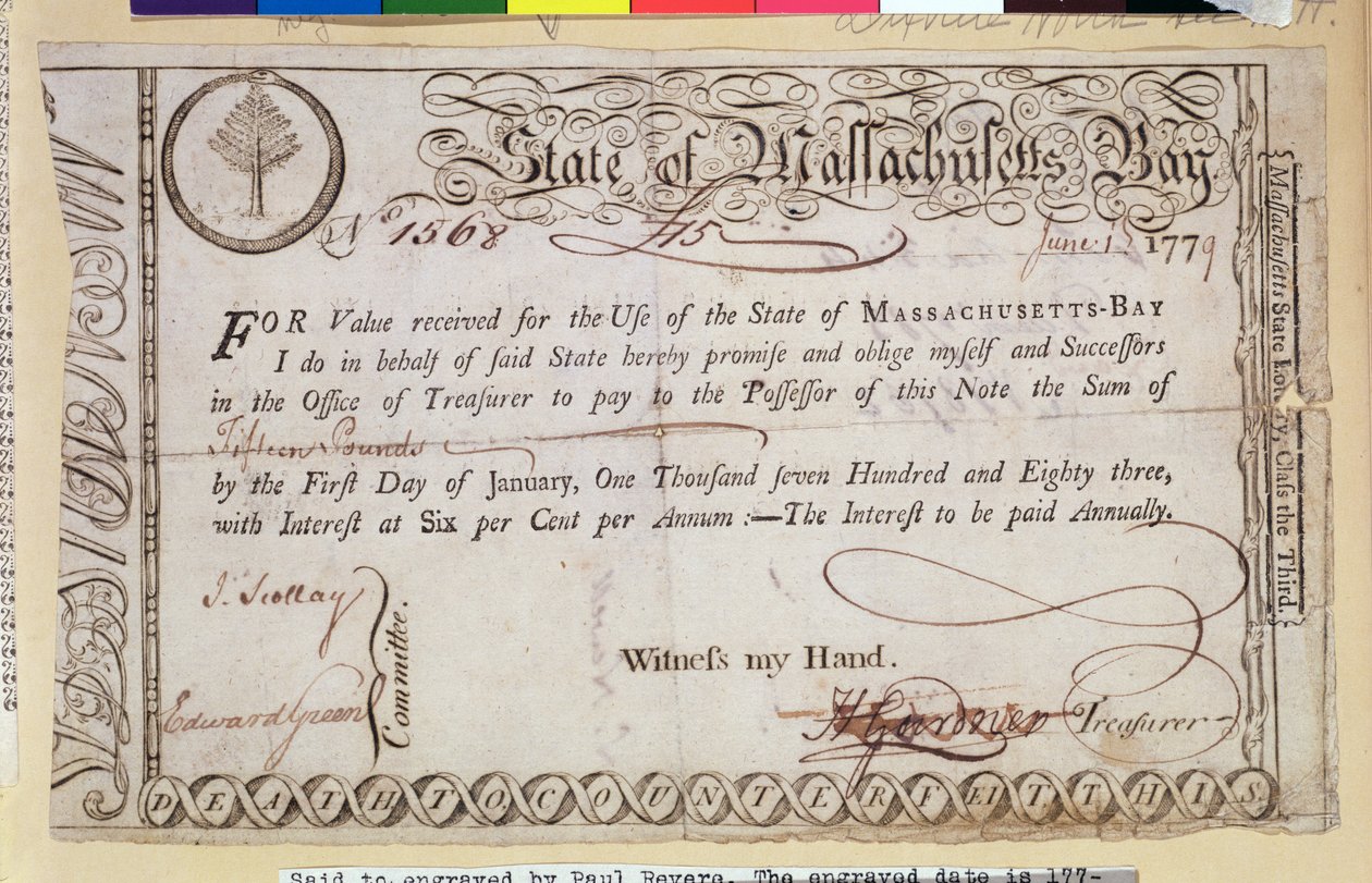Massachusetts Körfezi Senet Notu, Paul Revere (1735-1818) 1779 tarafından kazındığı söylenen by American School