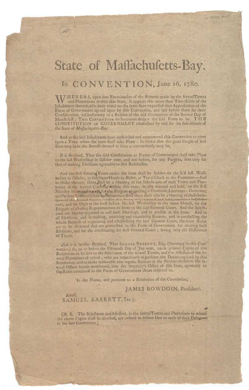 Massachusetts Eyaleti Konvansiyonu, Eyalet Anayasası, 16 Haziran 1780 by American School