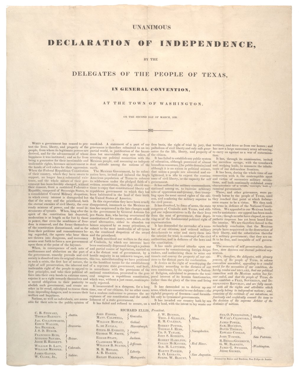 Texas Bağımsızlık Bildirgesi: Baker ve Bordens tarafından basılan oybirliğiyle bağımsızlık ilanı, 2 Mart 1836 by American School