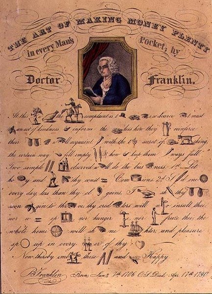 Doktor Franklin, pub tarafından Her Adamın Cebinde Bol Para Kazanma Sanatı. Currier ve Ives, New York (renkli taş) by American School