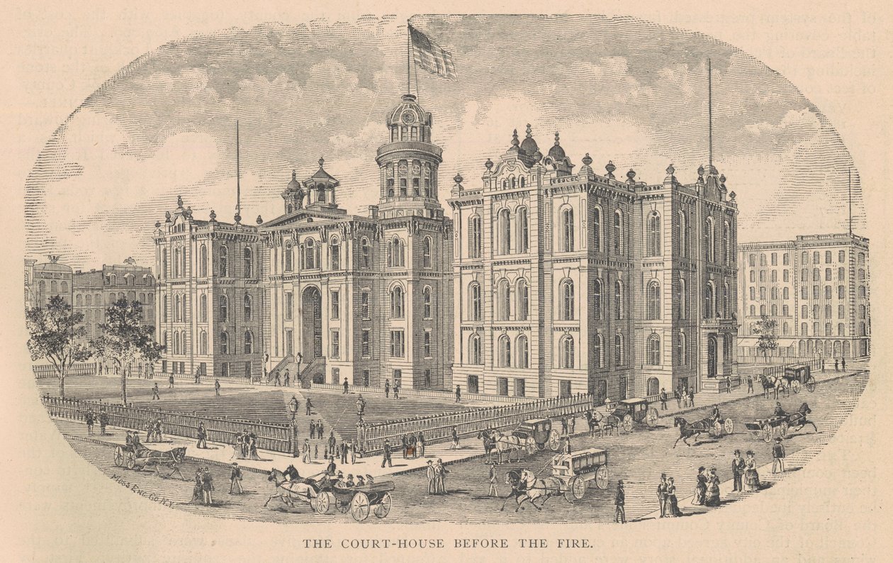 The Court-House Before the Fire, Moss Engraving Co., New York tarafından basılmıştır, History of Chicago vol. 2 Alfred Theodore Andreas tarafından 1885