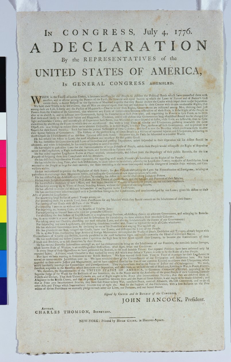 Hugh Gaine tarafından basılan Bağımsızlık Bildirgesi, 1776 (kağıt üzerine basılmış mürekkep) by American School
