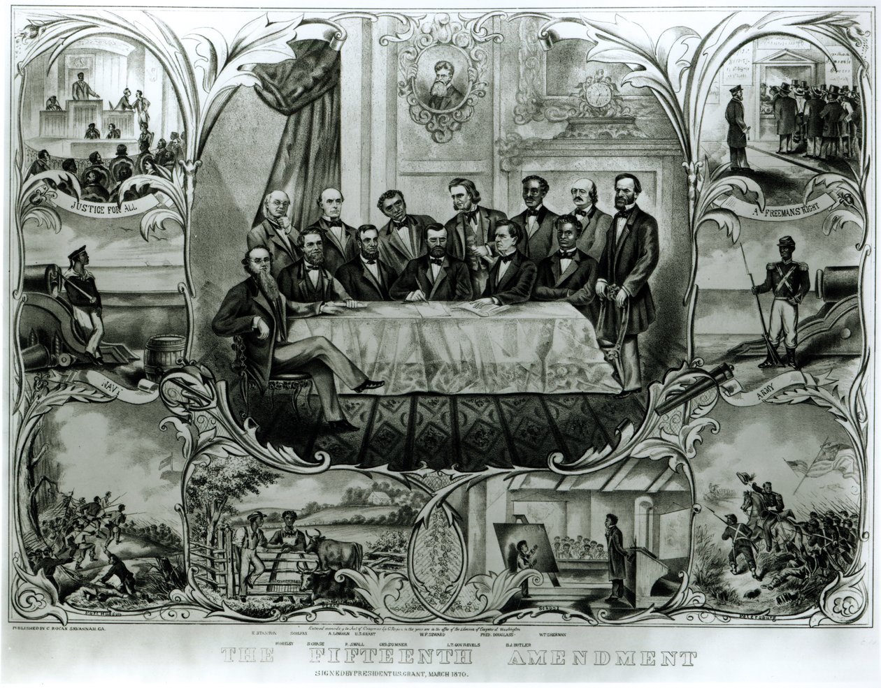 Başkan Ulysses S. Grant (1822-85) tarafından imzalanan On Beşinci Değişiklik, Mart 1870 (litho) (b&w fotoğraf) by American School