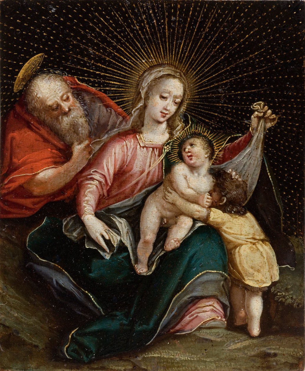 The Holy Family with Saint John the Baptist,18th century (oil with gold on copper) by American School