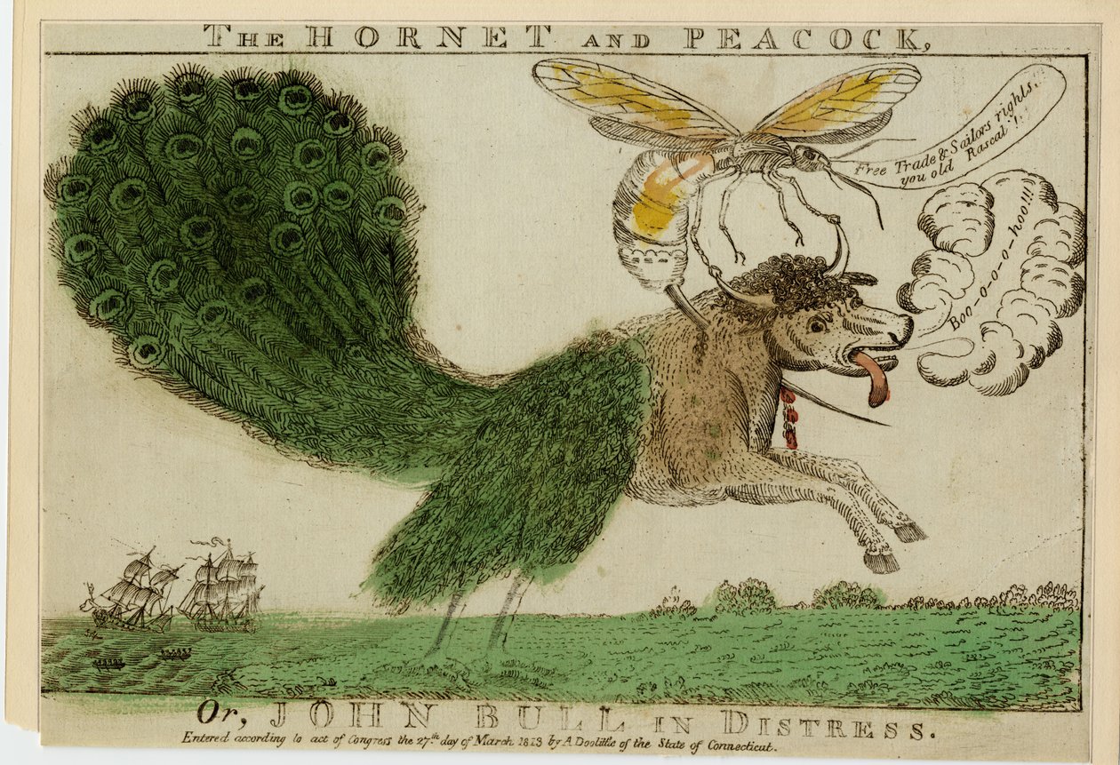 Hornet ve Peacock veya sıkıntı içindeki John Bull, 1813 (gravürle oyma) by American School