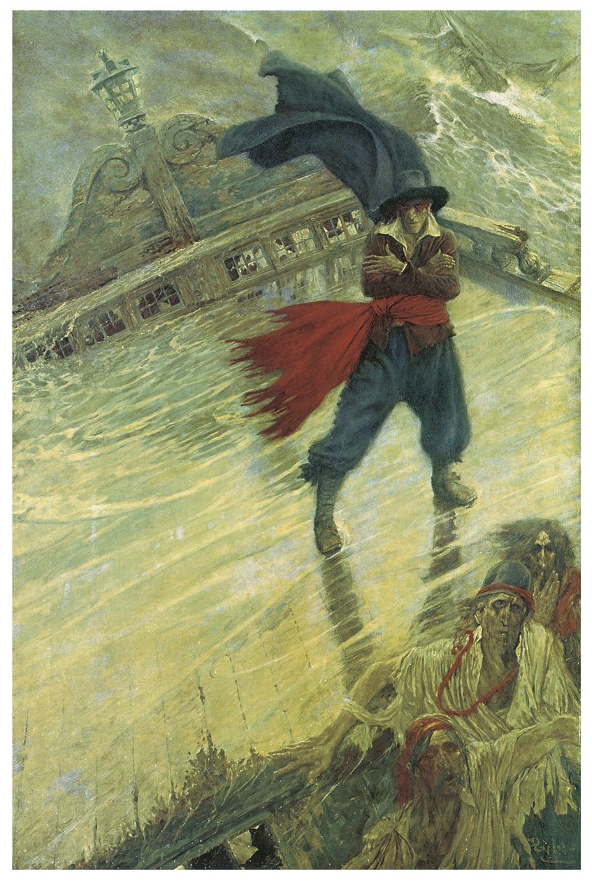 Hayalet Gemi Efsanesi veya Uçan Hollandalı: kaderi denemek isteyen Hollandalı bir komutan, rotasını geçen gemilere sonsuza dek talihsizlik getirerek gemisinde dolaşmaya mahkum olurdu. Illustation by Howard Pyle (1853-1911) Colliers