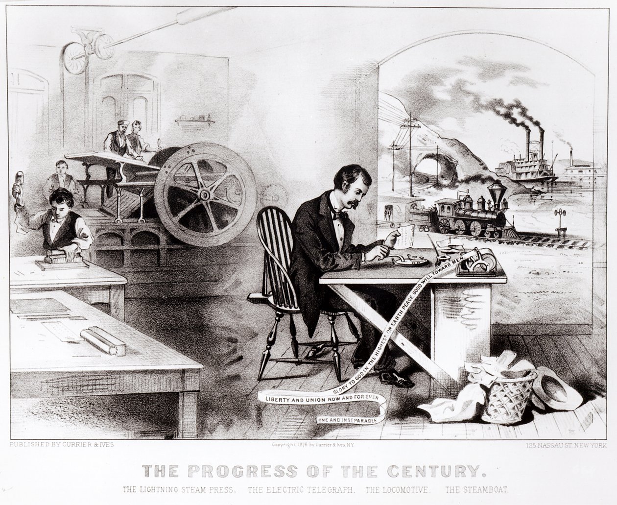 Yüzyılın İlerlemesi: Yıldırım Buharlı Pres, Elektrikli Telgraf, Lokomotif ve Vapur, pub. Currier & Ives tarafından, 1876 by American School