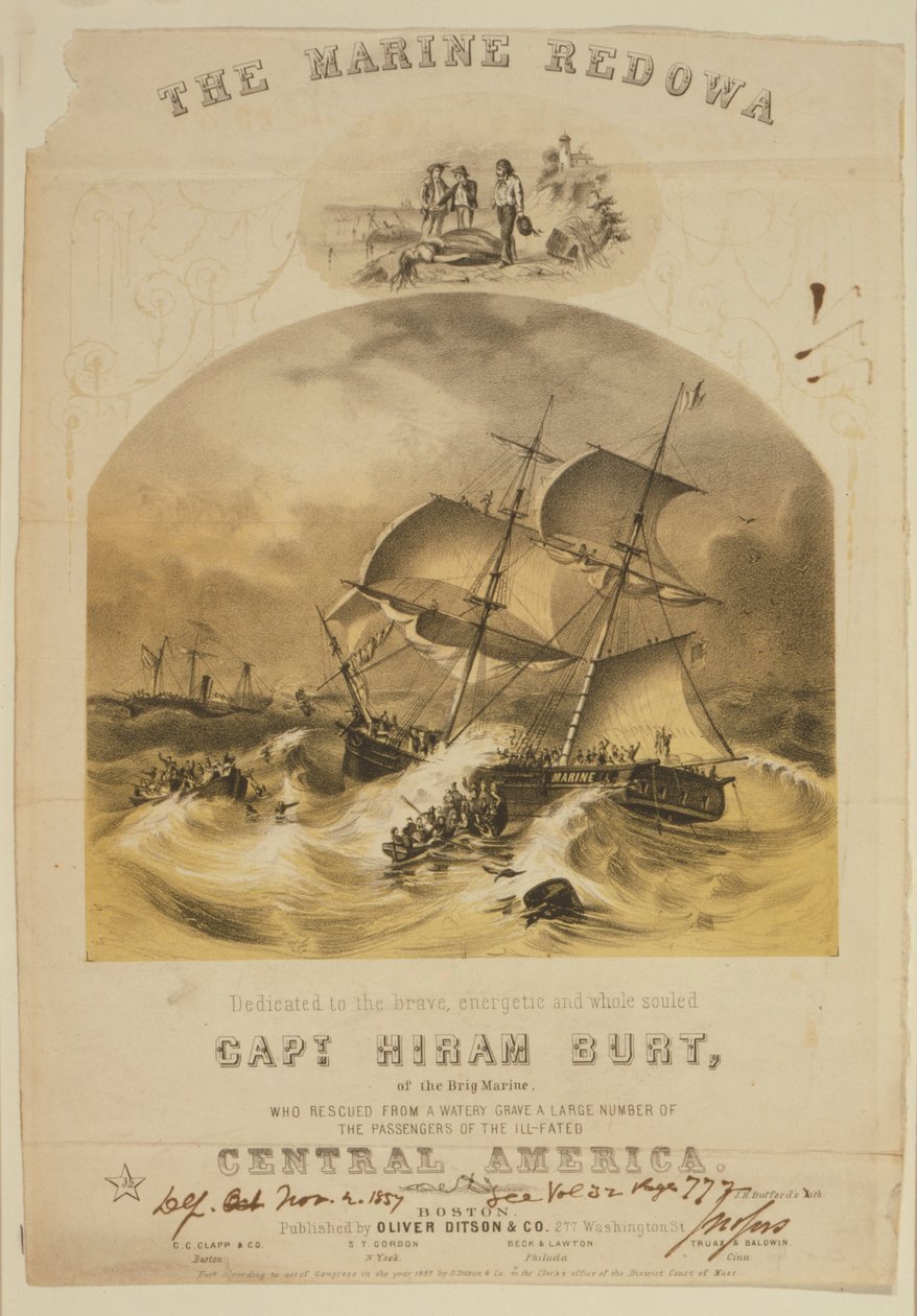 Eylül 1857'de Carolinas açıklarında bir kasırgaya yakalandıktan sonra vapur SS Central America'daki cankurtaran botlarındaki yolcuları kurtaran Brig Marine. 550'den fazla kişi boğuldu ve 30.000 pound (14.000 kg) Kaliforniya altını kaybedildi. by American School