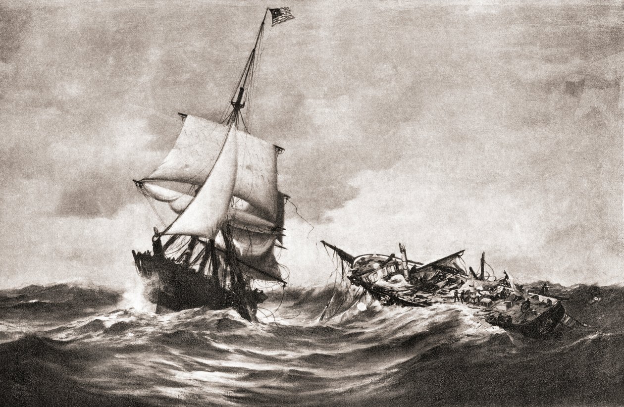 HMS Frolic'in, 18 Ekim 1812'de Atlantik'te 1812 Savaşı sırasında savaşan bir deniz harekatı olan USS Wasp savaş gemisi tarafından ele geçirilmesi, 'Ülkemizin Tarihi'nden, 1905'te yayınlandı (litho) by American School