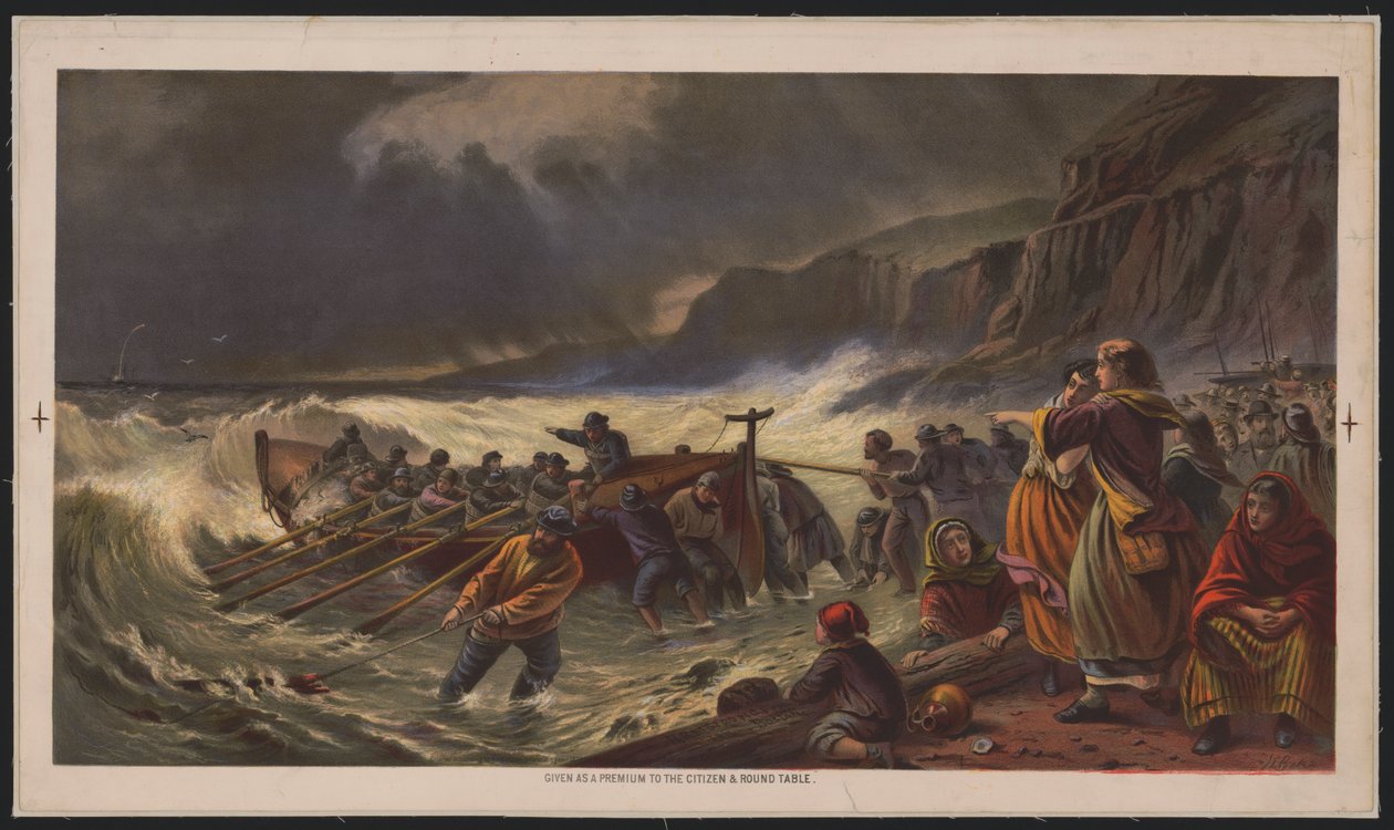 Kalkış, cankurtaran botunun denize indirilmesi, c.1878 (kromolitograf) by American School