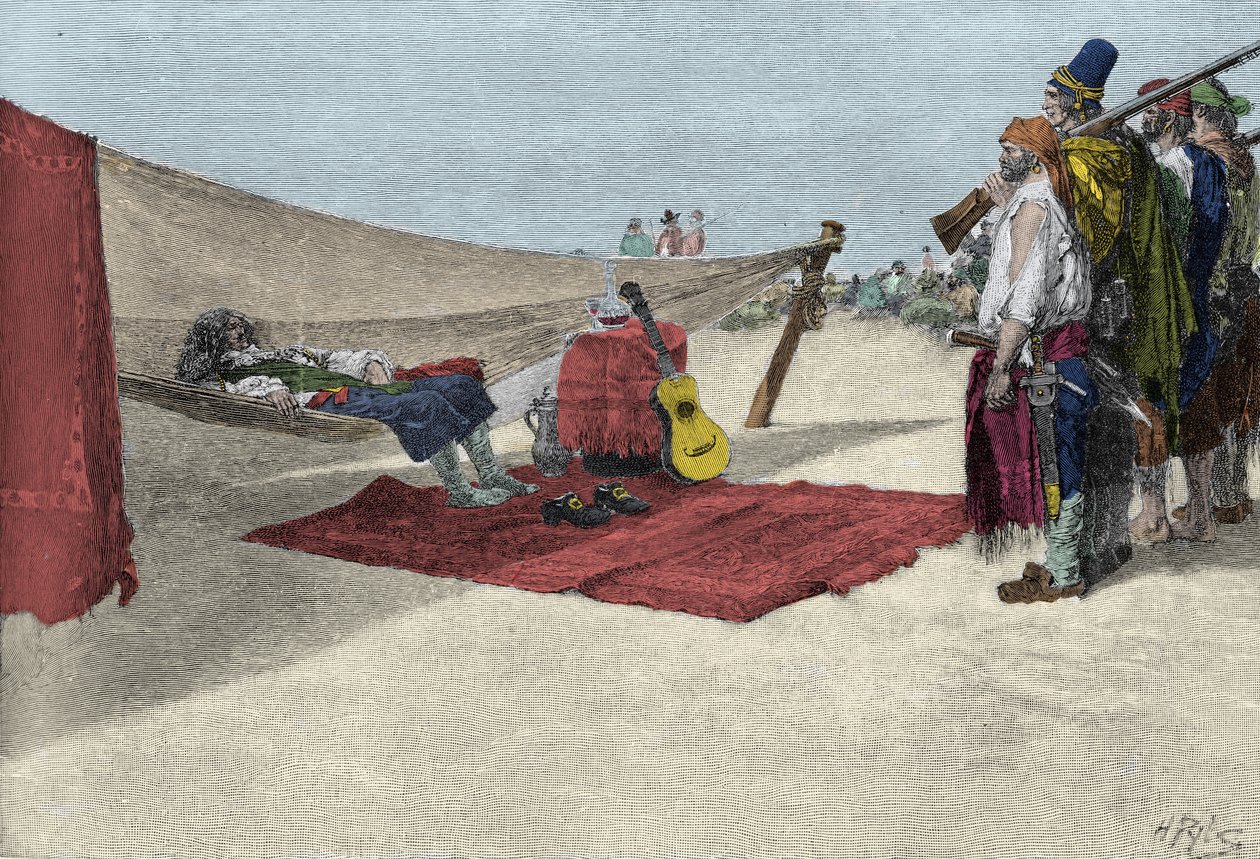Korsan Sir Henry Morgan, 1670 civarında Panama saldırısı için adam topluyor. Howard Pyle tarafından "" "İspanyol Ana Korsanları ve Maroonerları Kitabı" by American School