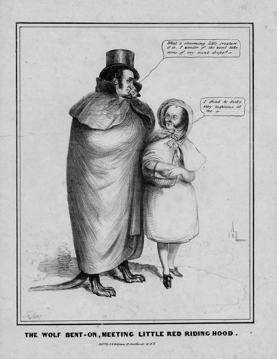 Kurt eğilmiş, Kırmızı Başlıklı Kız ile tanışıyor, yayınevi H R Robinson, New York, 1840 dolayları by American School