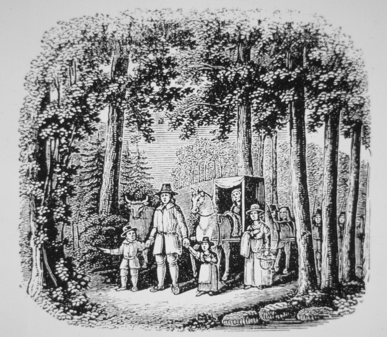 Thomas Hooker, cemaatçilerini Connecticut vahşi doğasına (lito) yönlendiriyor by American School