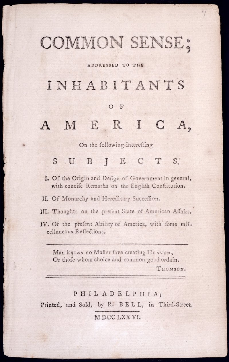 Thomas Paine (1737-1809) 1776 (baskı) tarafından Common Sense için başlık sayfası by American School