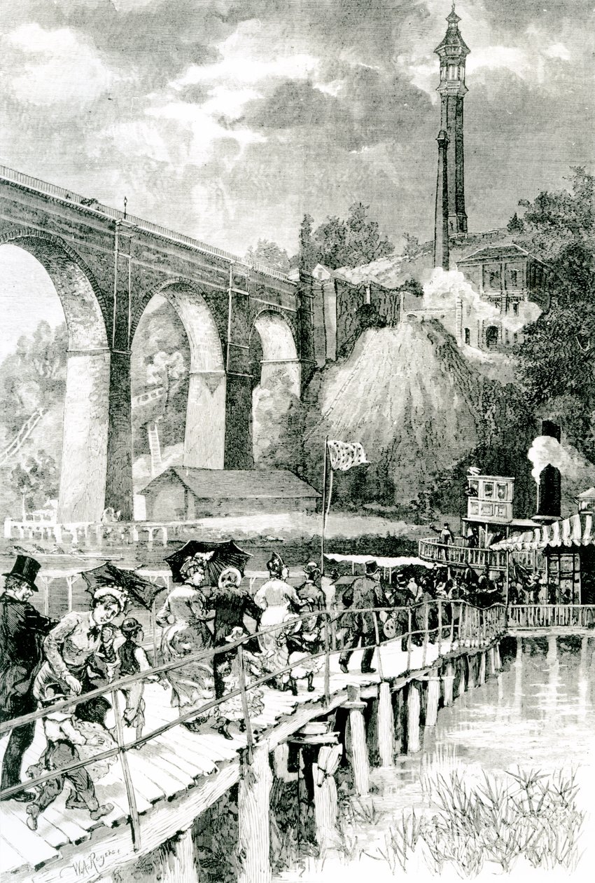 Solda Yüksek Köprü ile Harlem Nehri üzerindeki Vapurlarına Dönen Turistler, Harpers Weekly için W.A Rogers tarafından oyulmuş, 24 Temmuz 1880 by American School