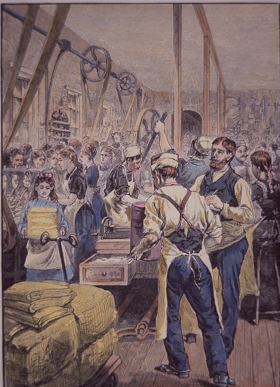 ABD tekstil endüstrisi, kuzeydeki tekstil fabrikası, 1870 dolayları (renkli gravür) by American School