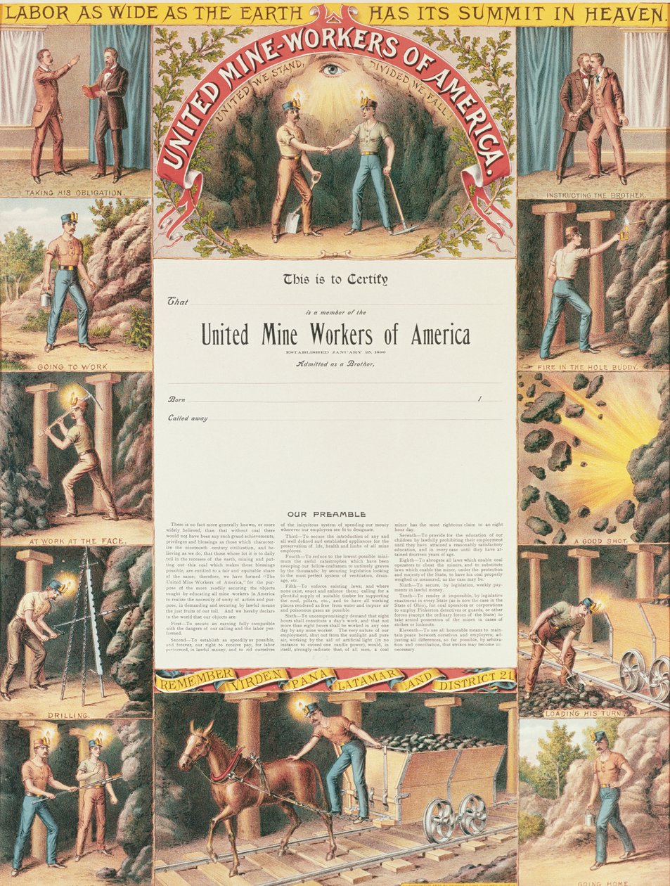 Birleşik Maden İşçileri Sertifikası, 1890 by American School
