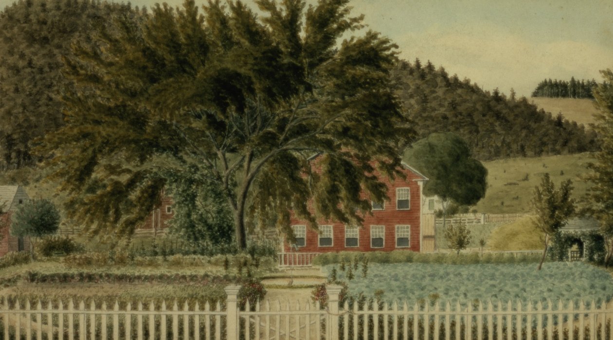 Çitli Kırmızı Evden Görünüm, 1854 (kağıt üzerine guajlı wc) by American School