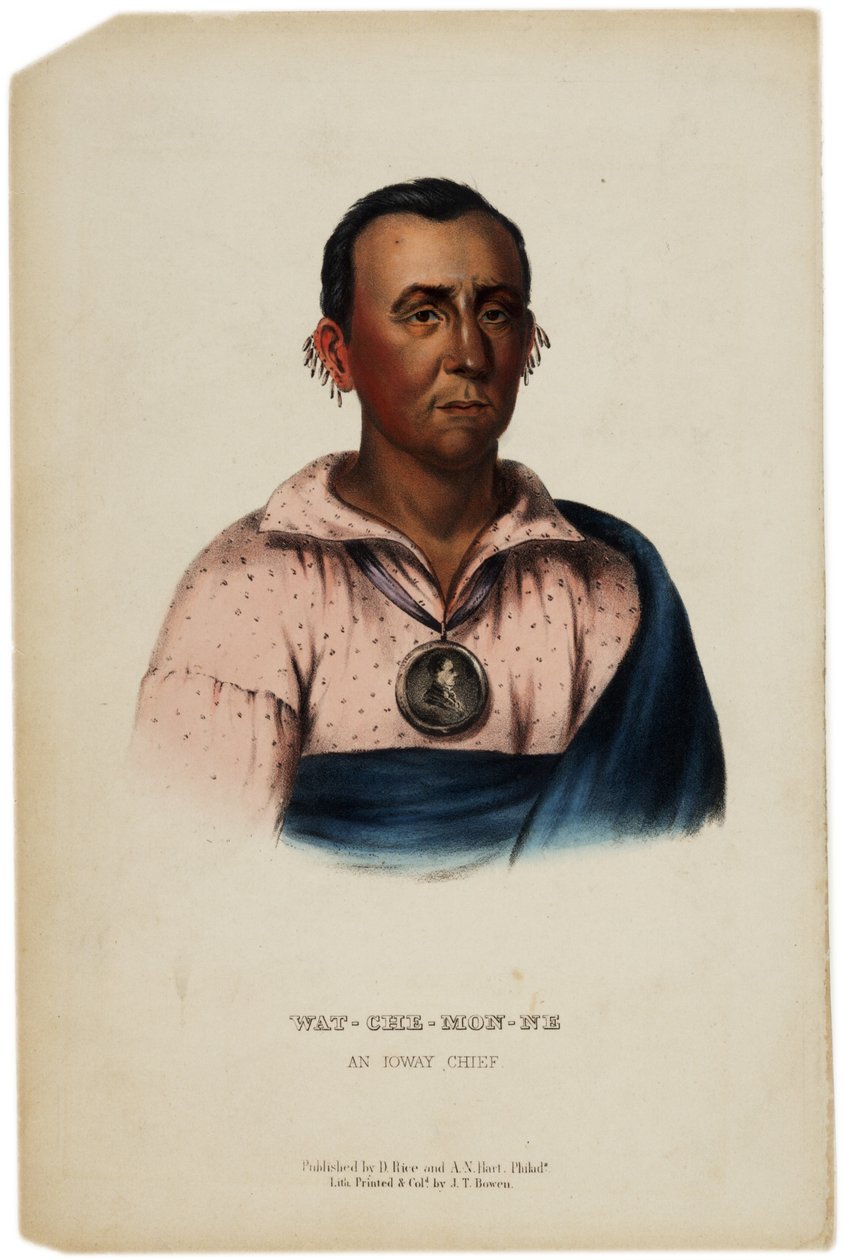 Wat-Che-Mon-Ne, Ioway Chief, J.T. Bowen tarafından yapılan baskı, Thomas L. McKenney ve James Hall tarafından yazılan The History of the History of the Indian Tribes of North America, 1842-70 dolayları by American School