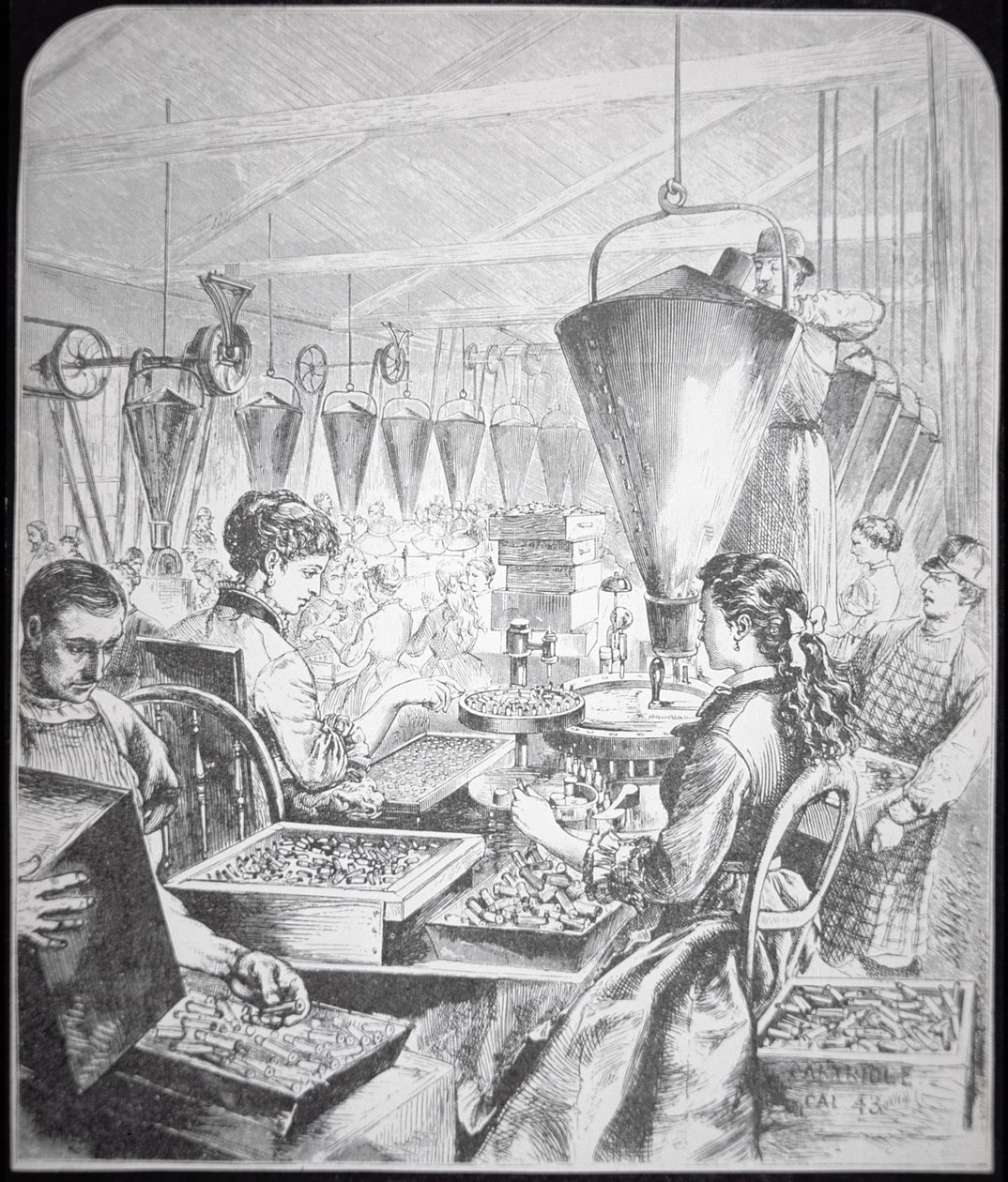 Mühimmat fabrikasında çalışan kadınlar, Bridgeport, Connecticut (gravür) by American School