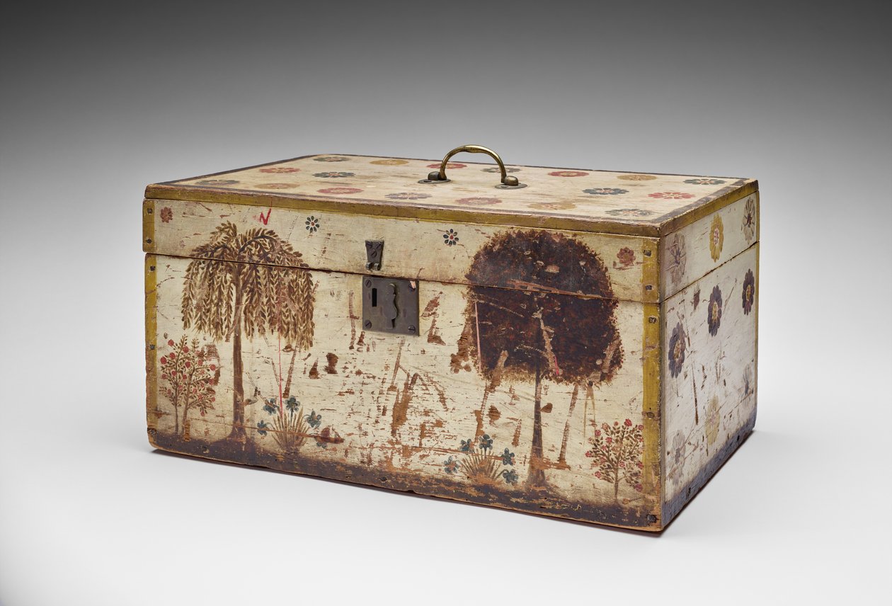 Workbox, c.1830-40 (tanımlanamayan ahşap, metal, kadife, boya ve pamuklu vatka) by American School
