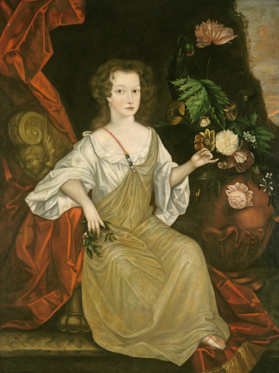 Kelebekli Genç Kadın, 1710 civarı (tuval üzerine yağlı boya) by American School