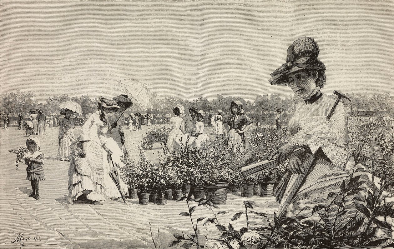 Brera'da yürüyen kadınlar, Milano, İtalya, Amerino Cagnoni'nin (1853-1923) Maggio (Mayıs) tablosundan gravür, L'Illustrazione Italiana'dan, yıl 10, sayı 43, 28 Ekim by Amerino Cagnoni
