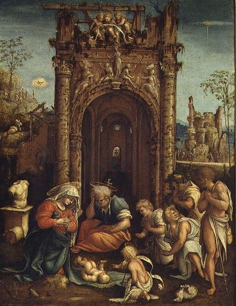 Çobanların Hayranlığı, c.1530 (panelde yağlı boya) by Amico Aspertini